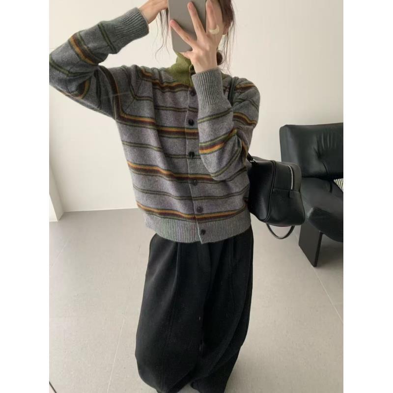 条纹高领单排扣复古撞色针织开衫女毛衣冬季宽松休闲显瘦条纹上衣