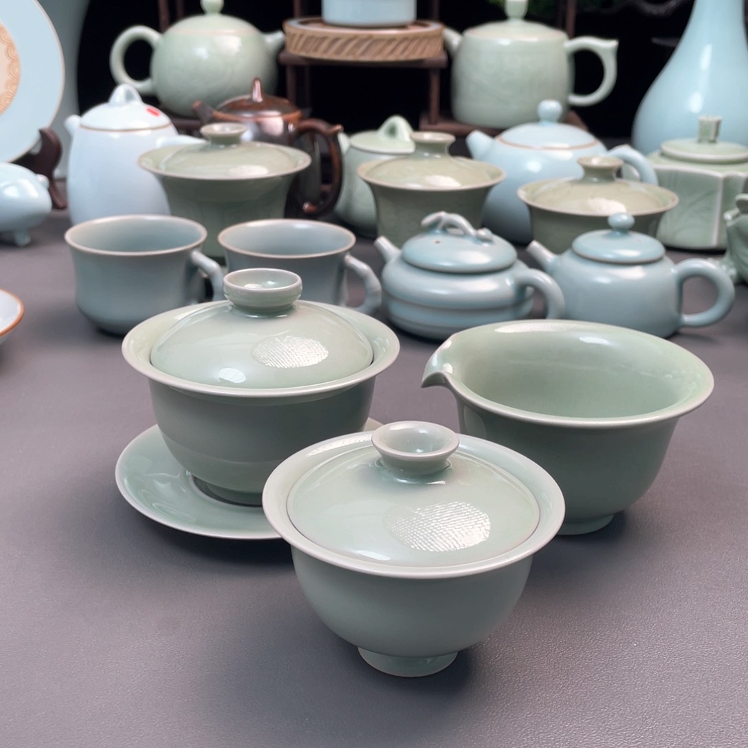 杯全手工支钉烧豆青不开片盖碗三件套微微瑕简包装