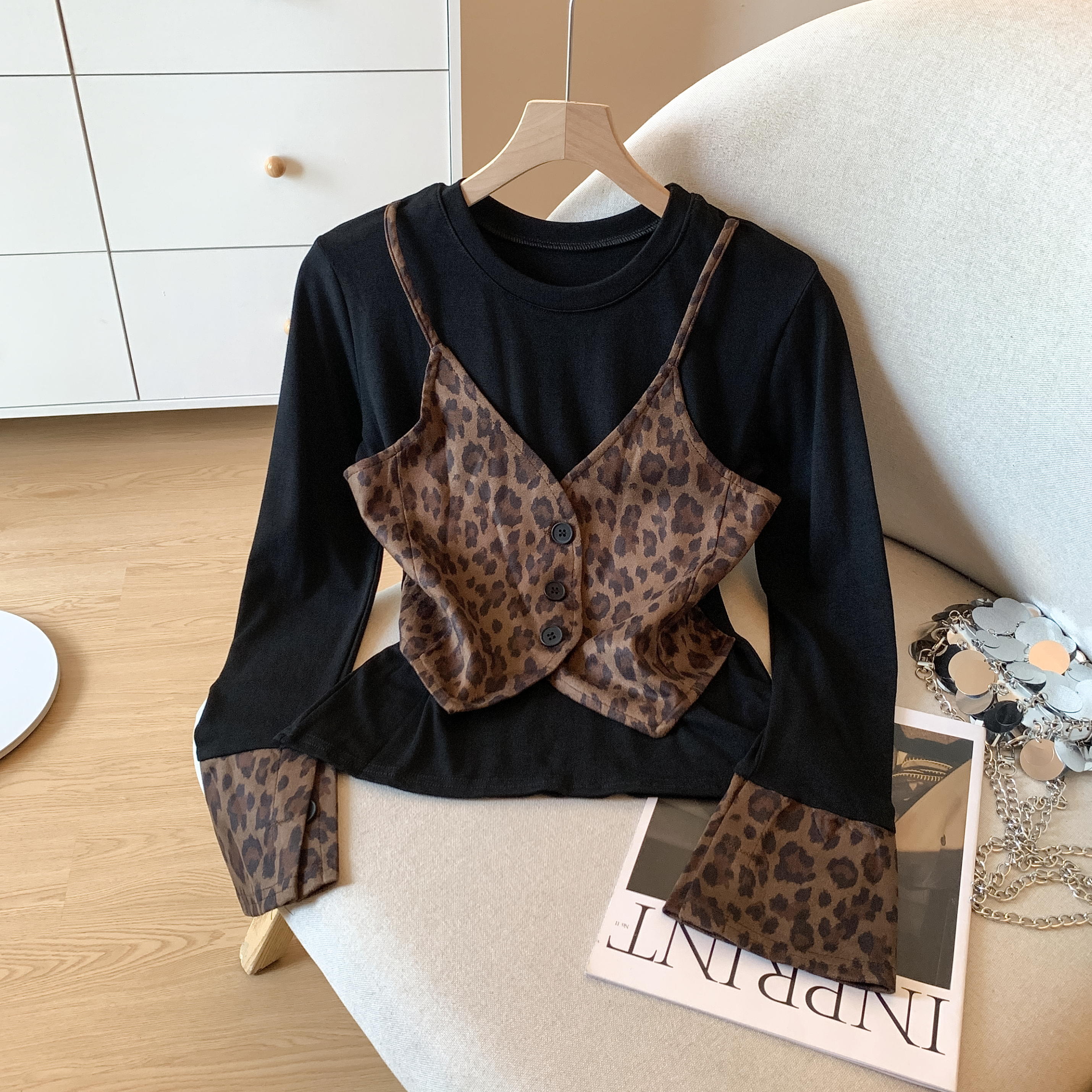 美式复古豹纹假两件修身打底衫女内搭高级感拼接辣妹长袖上衣早秋