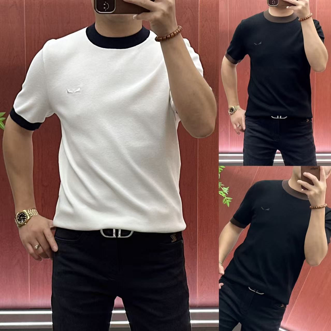 66061男士秋冬款•高织高密高弹桑蚕丝刺绣➕撞色领短袖针织衫•A6
