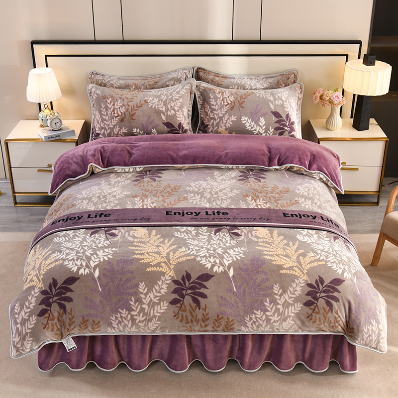 小肥鹅牛奶绒吊边床裙款双面绒加绒加绒毛绒加厚印花夹棉防静电