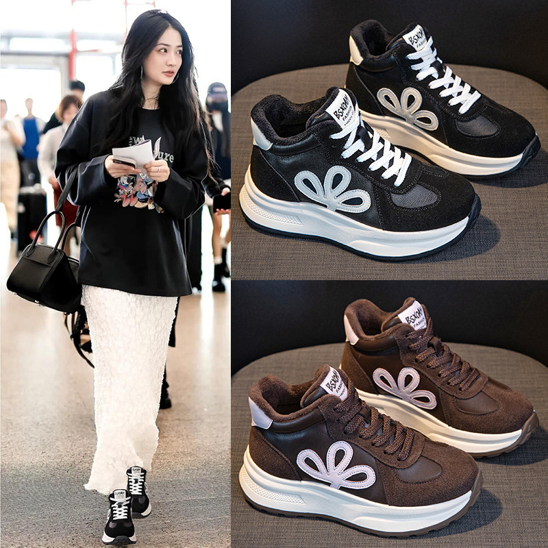 网红爆款真皮老爹鞋女2025秋冬新款高帮加绒女鞋厚底阿甘运动鞋