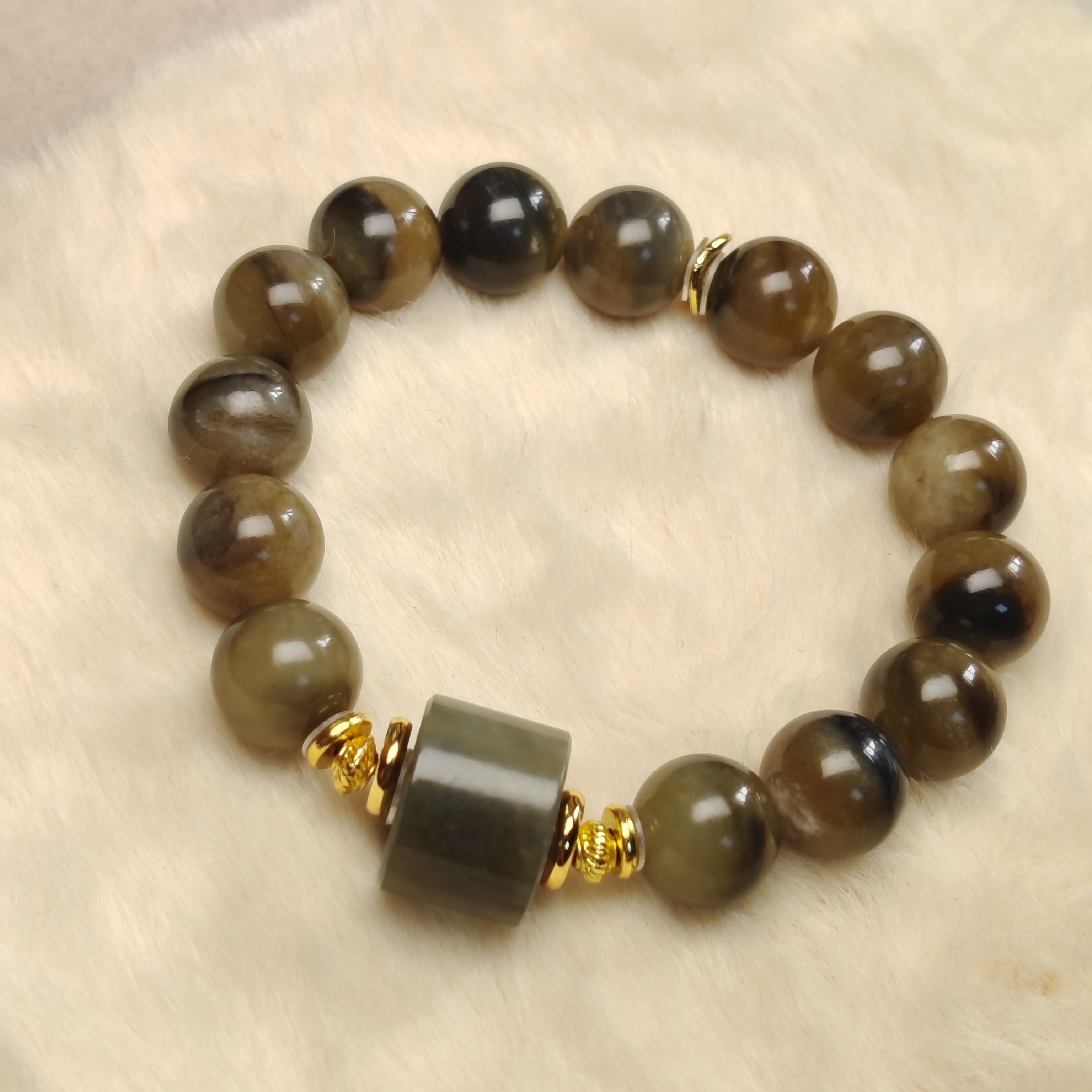 和田玉虎皮纹卡12mm路路通手串