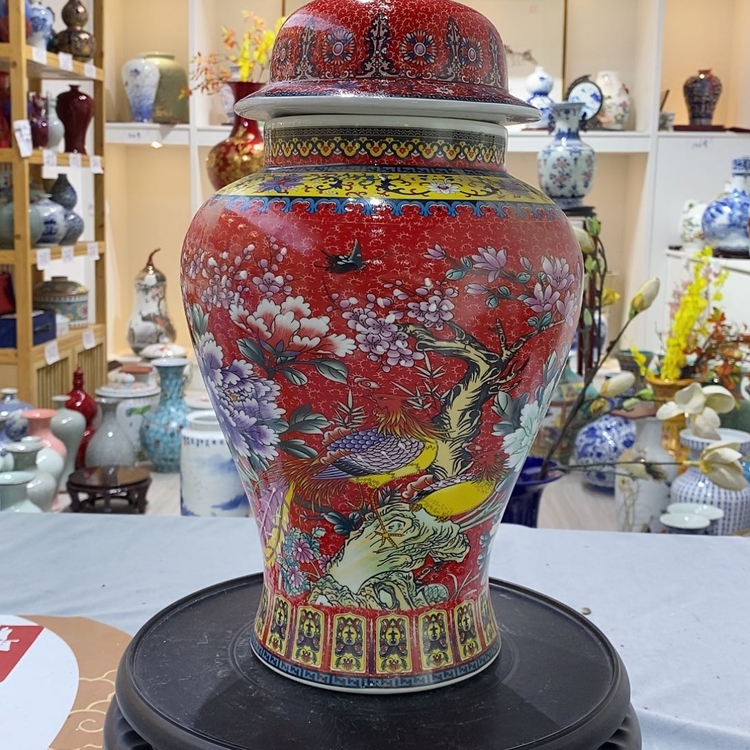 y***n陶摆件36cm红色花鸟将军罐
