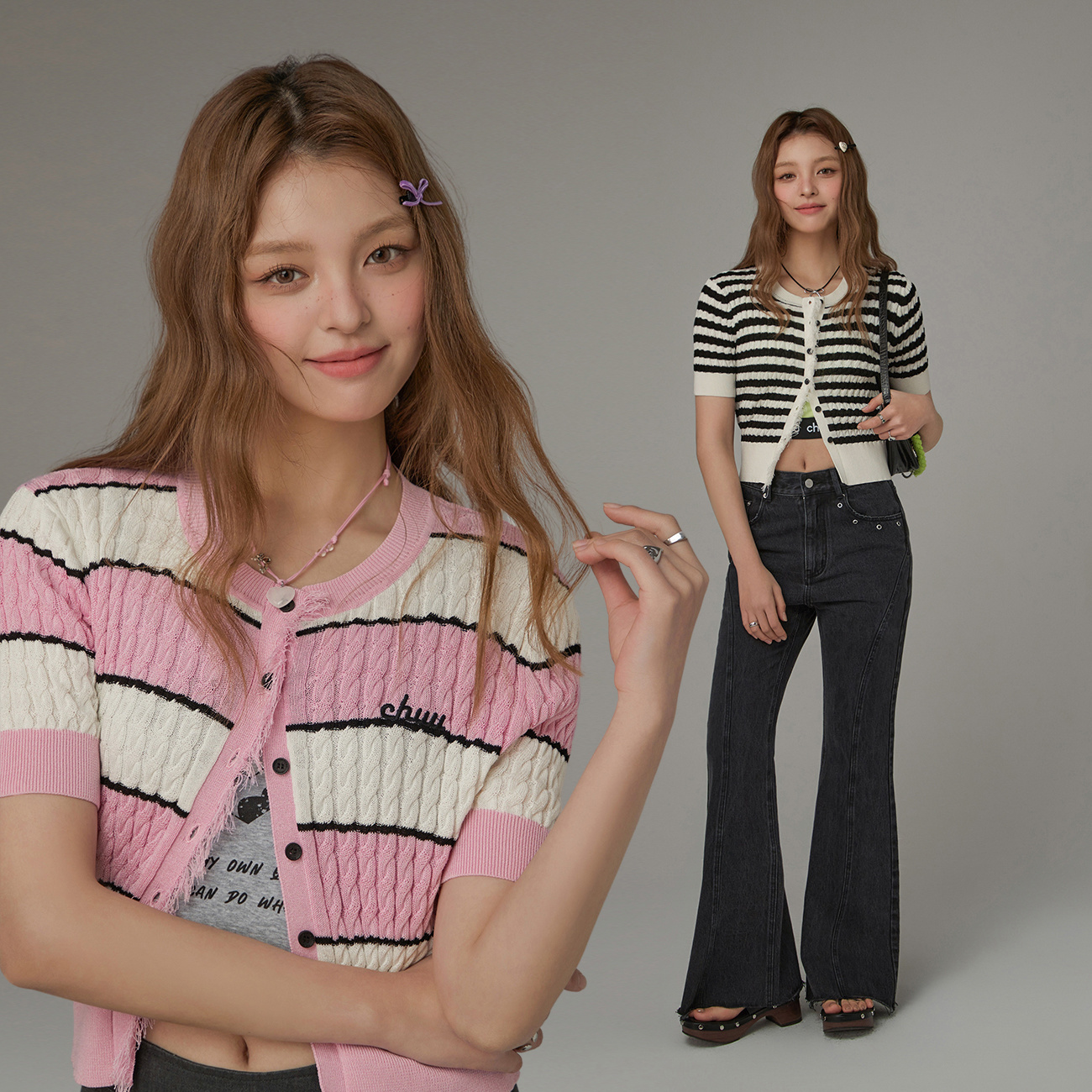 ND004【金拐子专属】CHUU夏季女装条纹甜妹修身字母显瘦针织衫-F