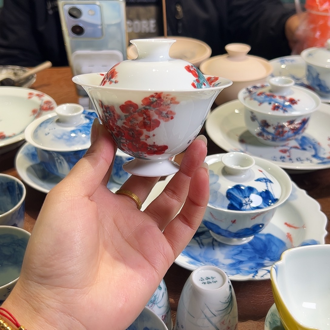 栖***桐青花手绘红梅盖碗