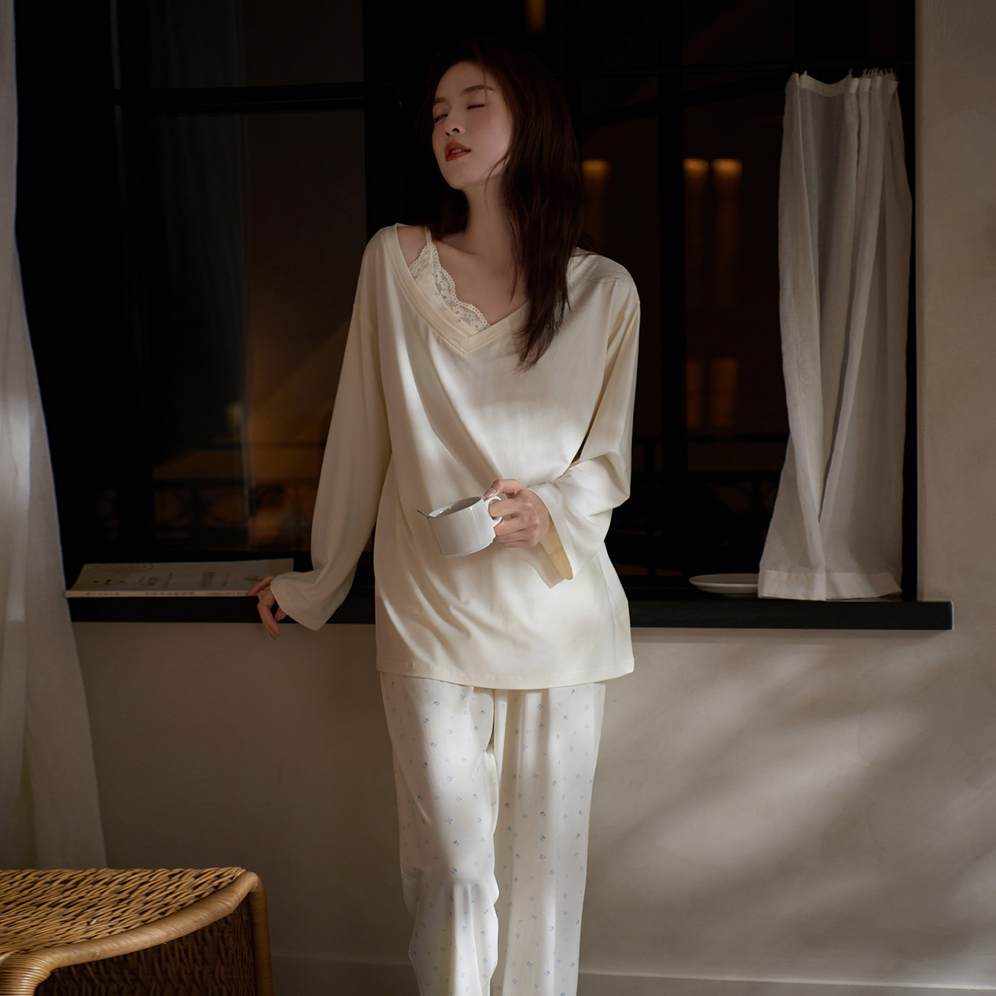 思莉太太女大睡衣春秋款性感风莫代尔棉甜美小个子碎花少女家居服