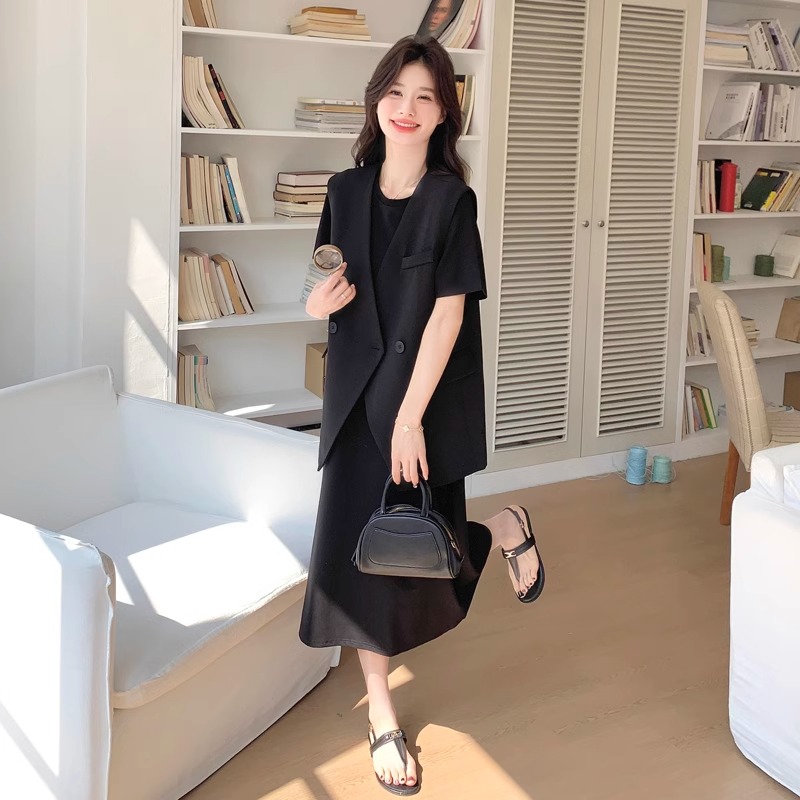 黑色西装马甲连衣裙两件套女2025夏季新款复古宽松气质高级感裙子