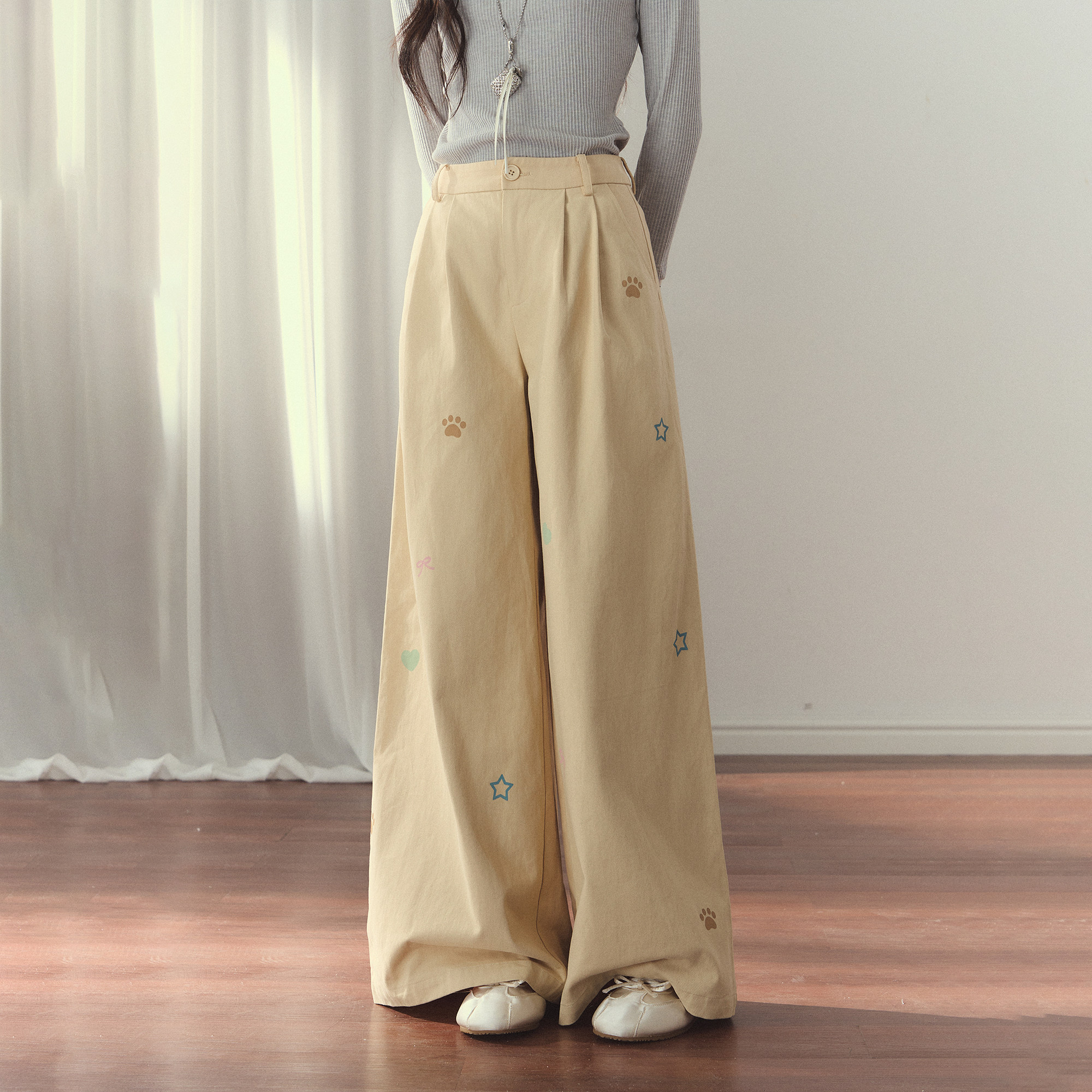 umoumo乌蘑简约打褶显瘦彩色印花裤休闲宽松阔腿裤UMOKZ211772