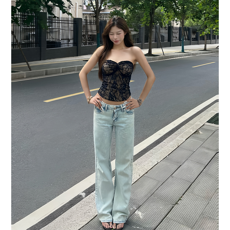 【免费试穿】浅色低腰直筒牛仔裤女夏季新款美式复古阔腿拖地裤子