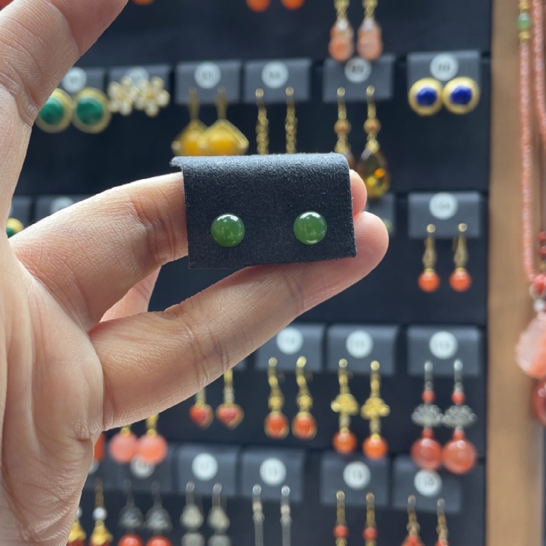 和田玉银S925镶嵌耳饰02号碧玉卡6