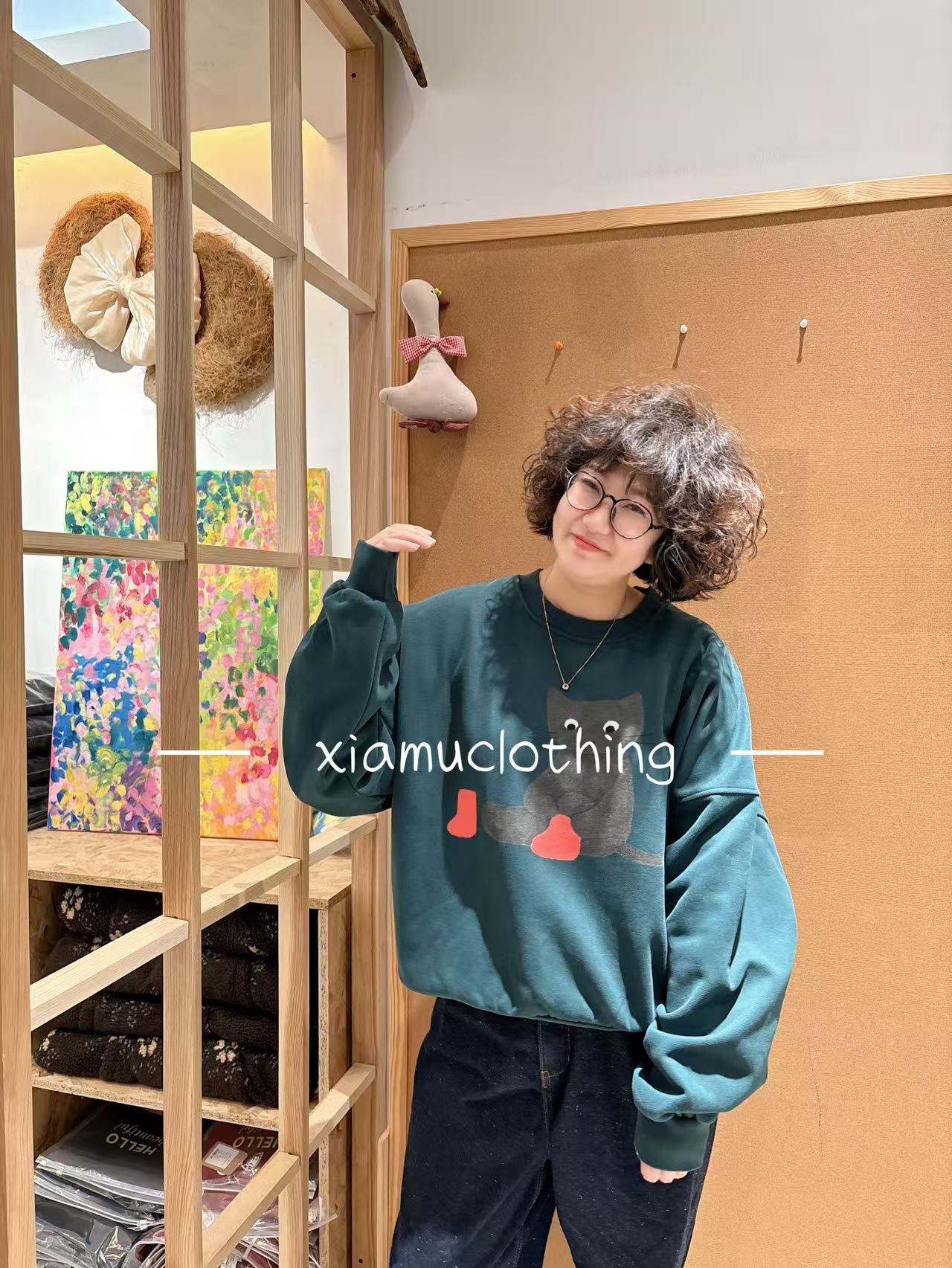 夏沐家卡通猫咪加绒休闲卫衣600