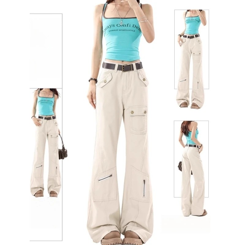 【100%棉】美式复古微喇牛仔裤女秋季低腰不贴腿显瘦工装喇叭裤子