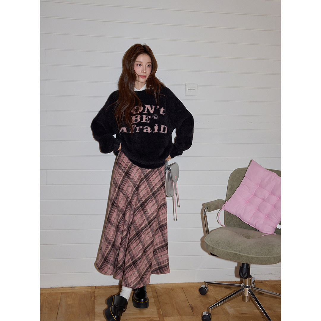 【吵吵家】粉色毛呢格纹半身裙女2025秋冬高腰遮胯显瘦加厚A字长裙
