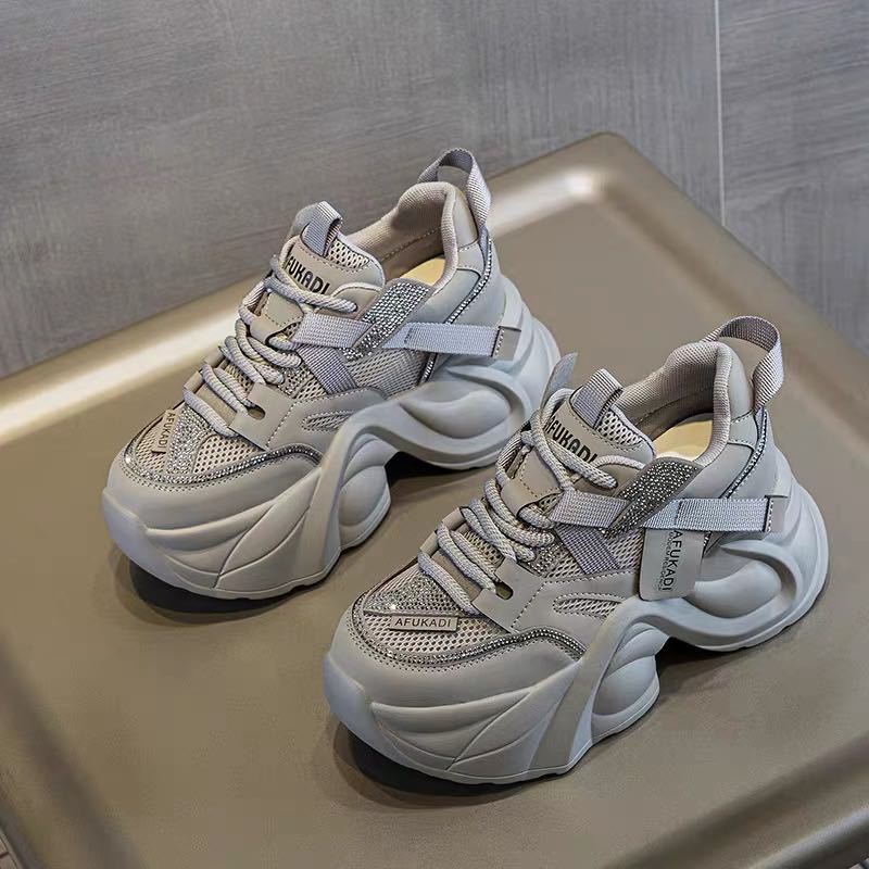 2025秋季新款厚底老爹鞋女水钻系带网鞋百搭跟高休闲增高显瘦女鞋