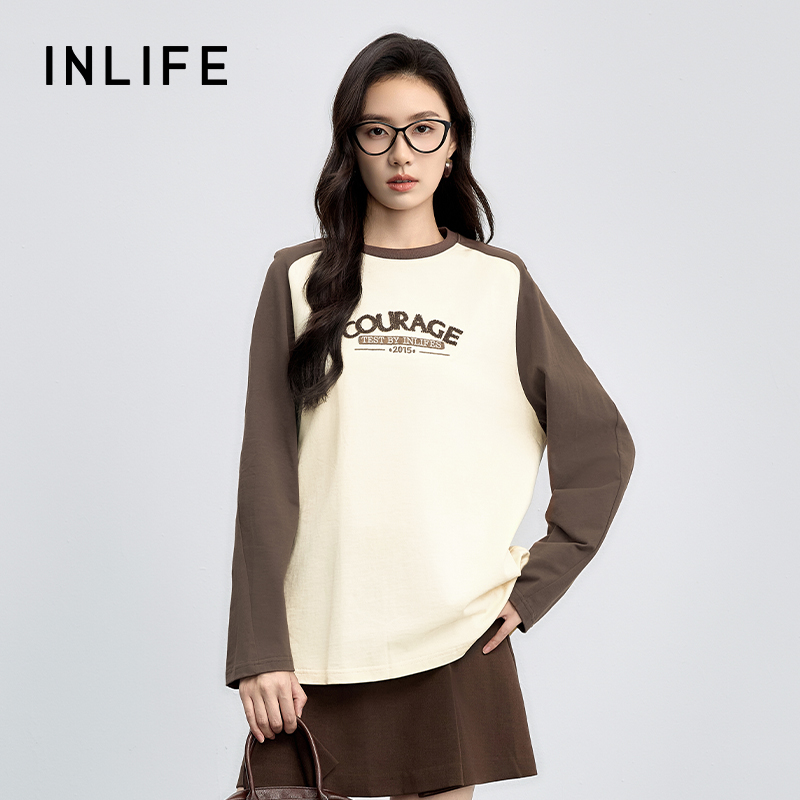 inlife美式撞色圆领字母长袖t恤女秋慵懒风宽松纯棉上衣