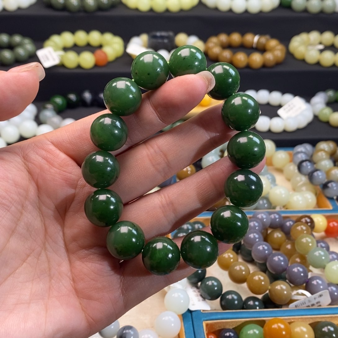 和田玉手链 16MM未镶嵌碧玉