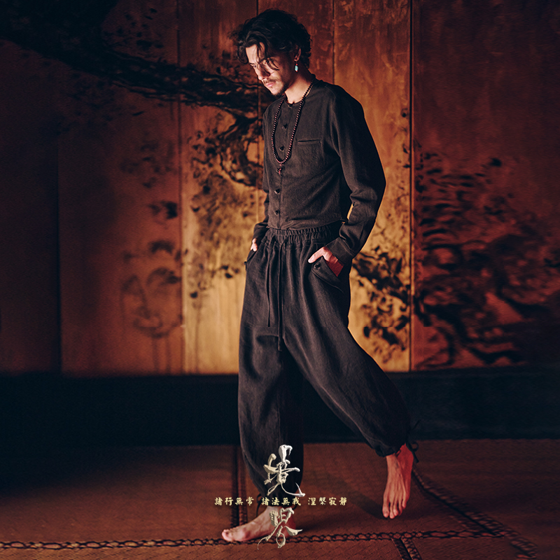 碧海潮生高端境界【黑無名】秋冬新款中国风亚麻束脚中式休闲长裤