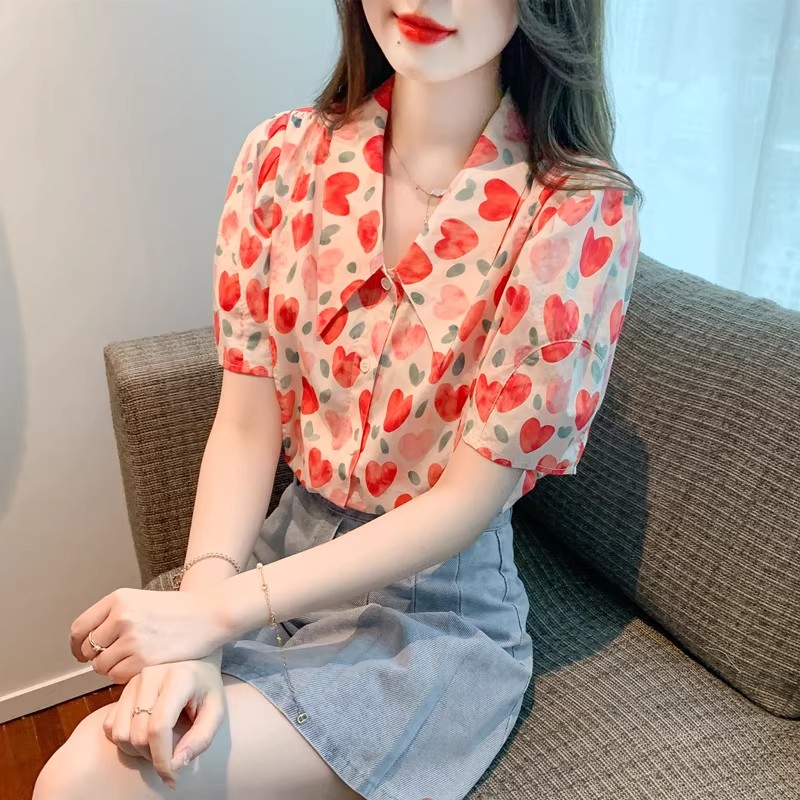港风复古chic碎花雪纺衬衫女夏季设计感小众衬衣宽松显瘦短袖上衣