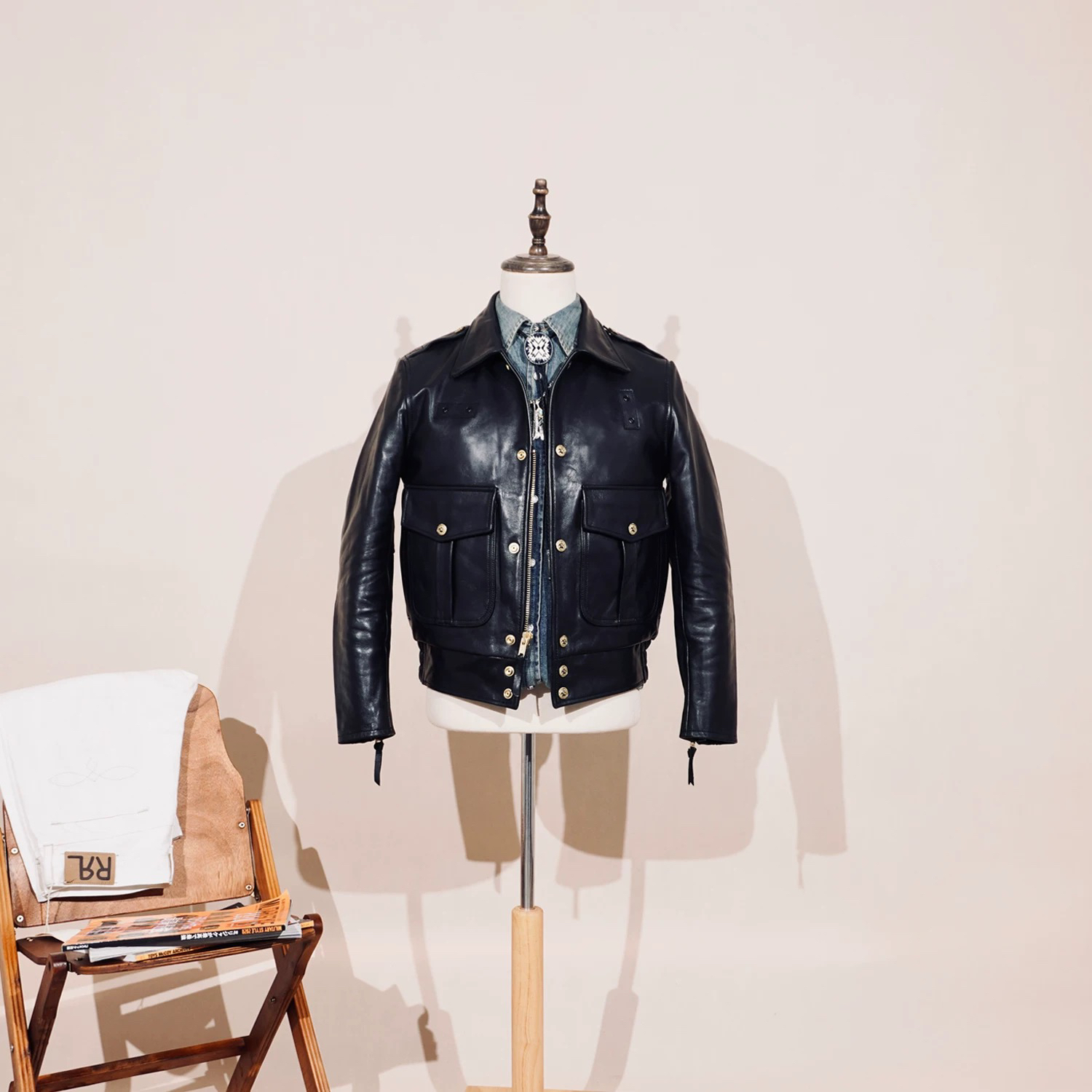 美式复古经典加州骑警加拿大全植鞣蜡染马皮皮衣男外套多口袋设计