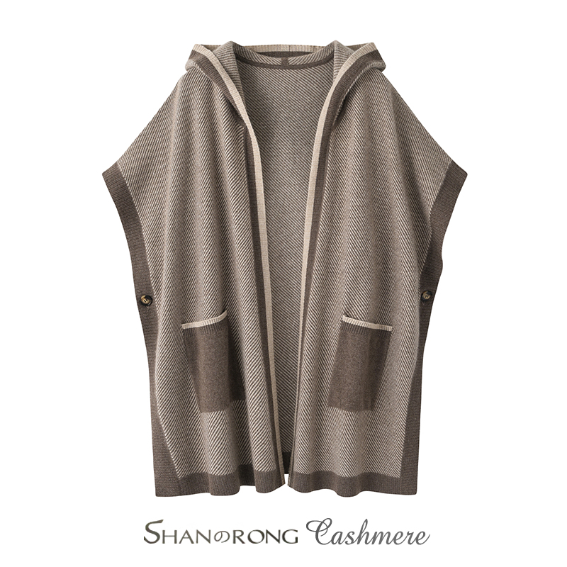 条纹时尚连帽开衫100%纯山羊绒连帽无袖开衫轻奢风宽松外搭羊绒衫