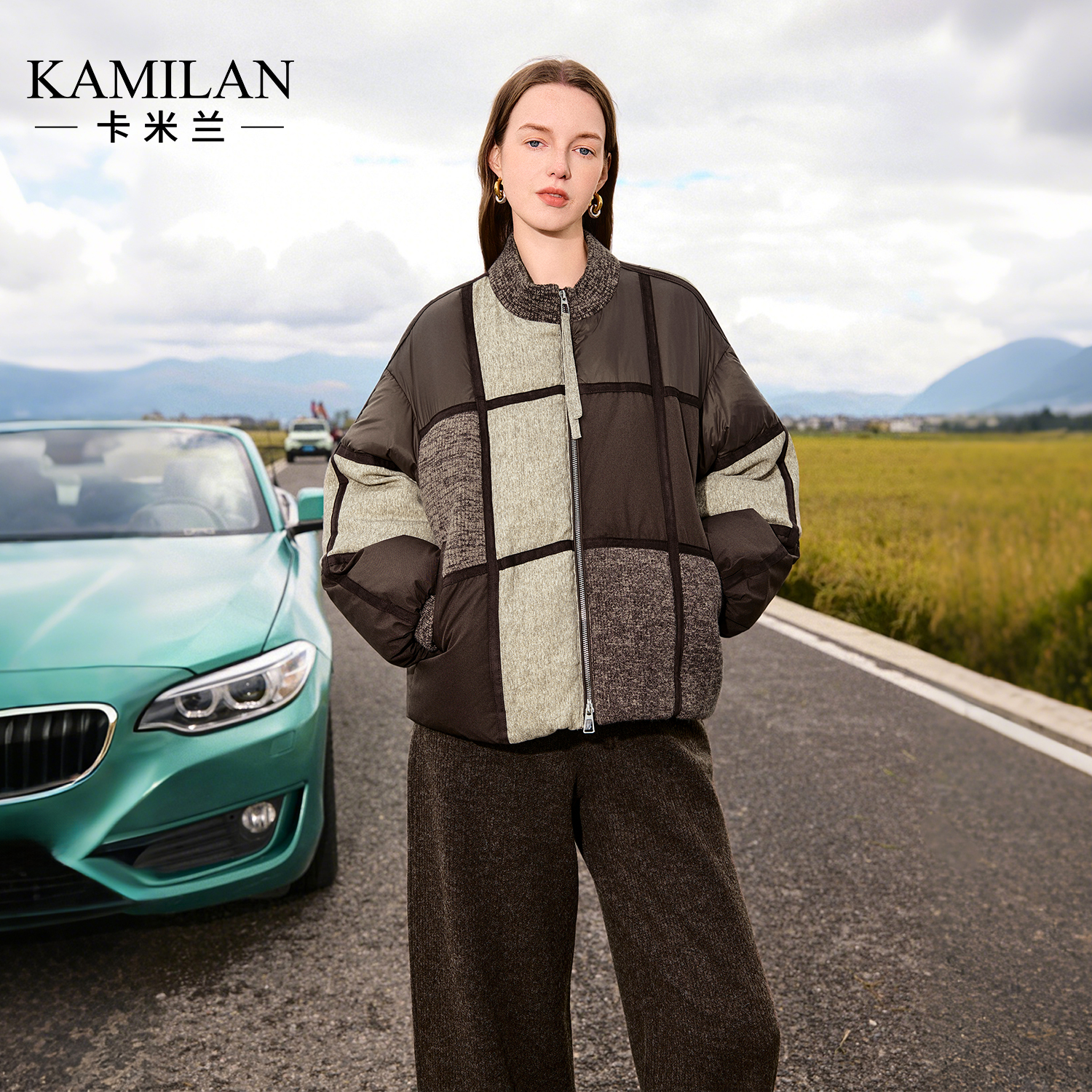 卡米兰格子拼接保暖羽绒服女2025冬新款宽松设计感白鸭绒羽绒外套