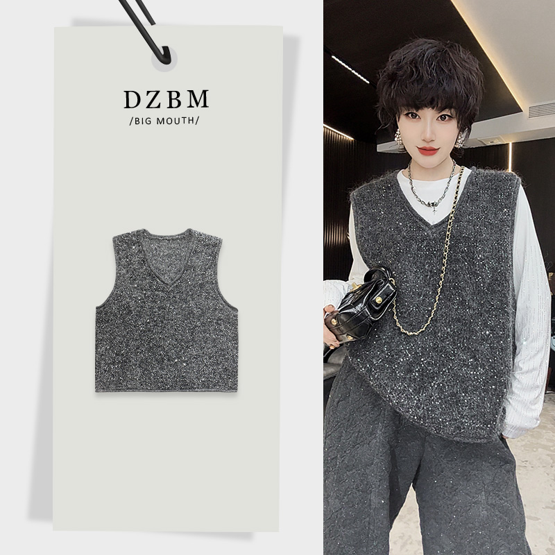 【DZBM】2025秋冬新款V领亮片宽松显瘦毛衣马甲背心-S5238