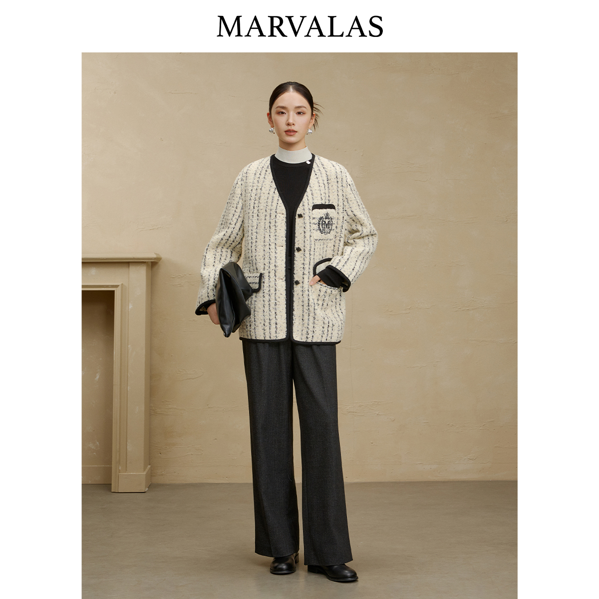 【安雅专属】小香风毛呢外套冬季绵羊毛混纺粗花呢V领刺绣大衣