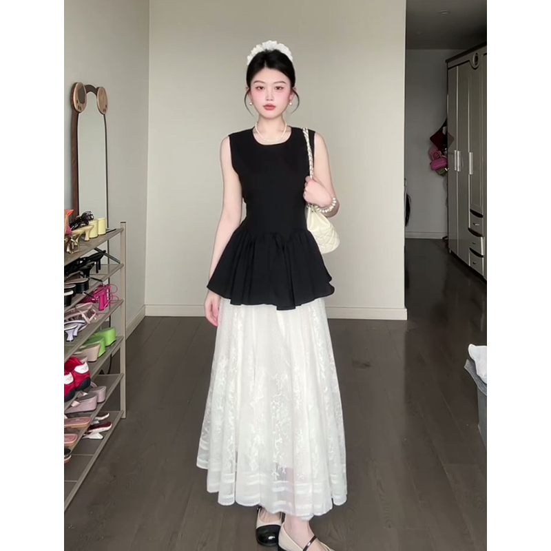 A1688#夏季新款韩系穿搭收腰圆领无袖上衣气质高腰显瘦蕾丝半身裙