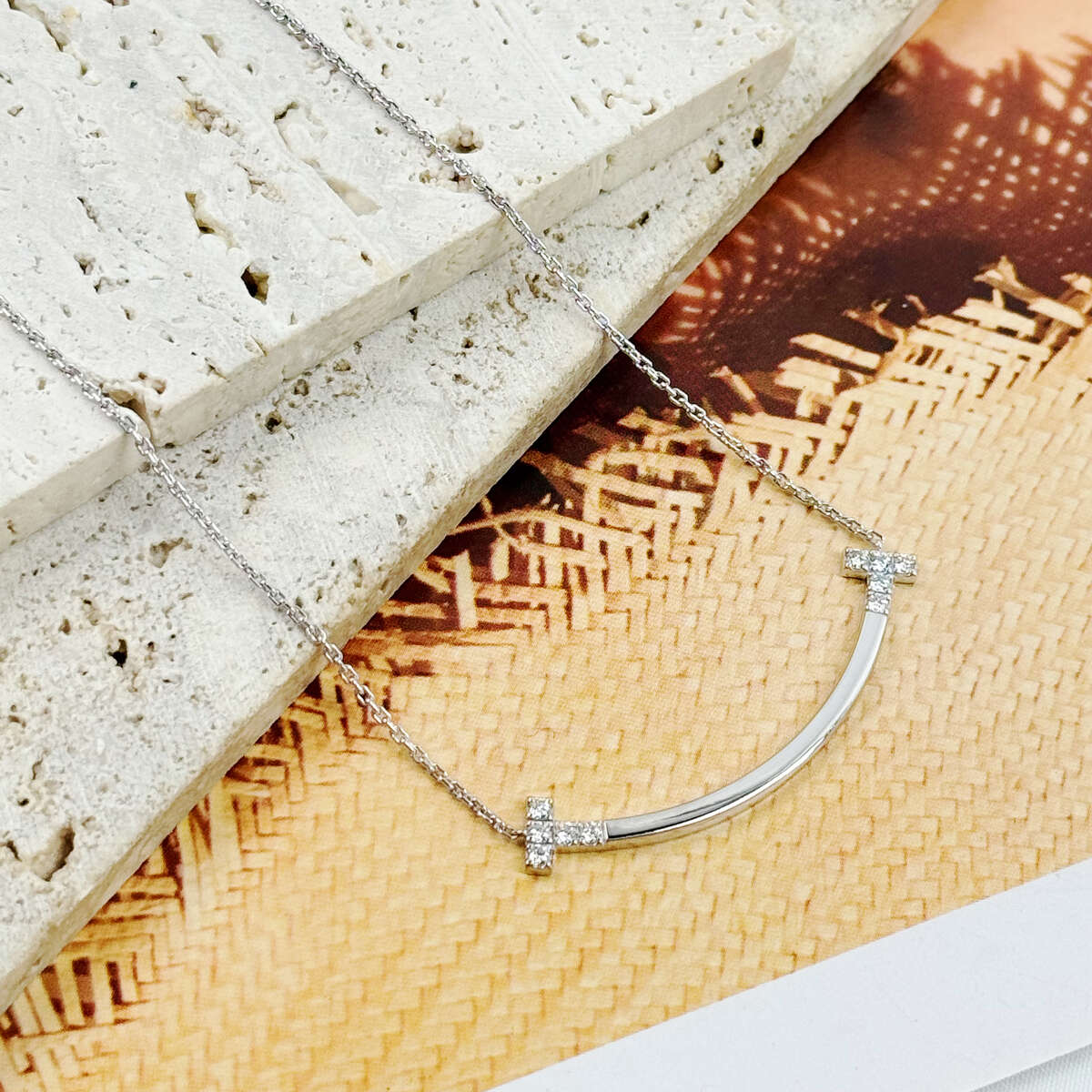 99新 Tiffany & Co./蒂芙尼 中号白金镶钻笑脸项链
