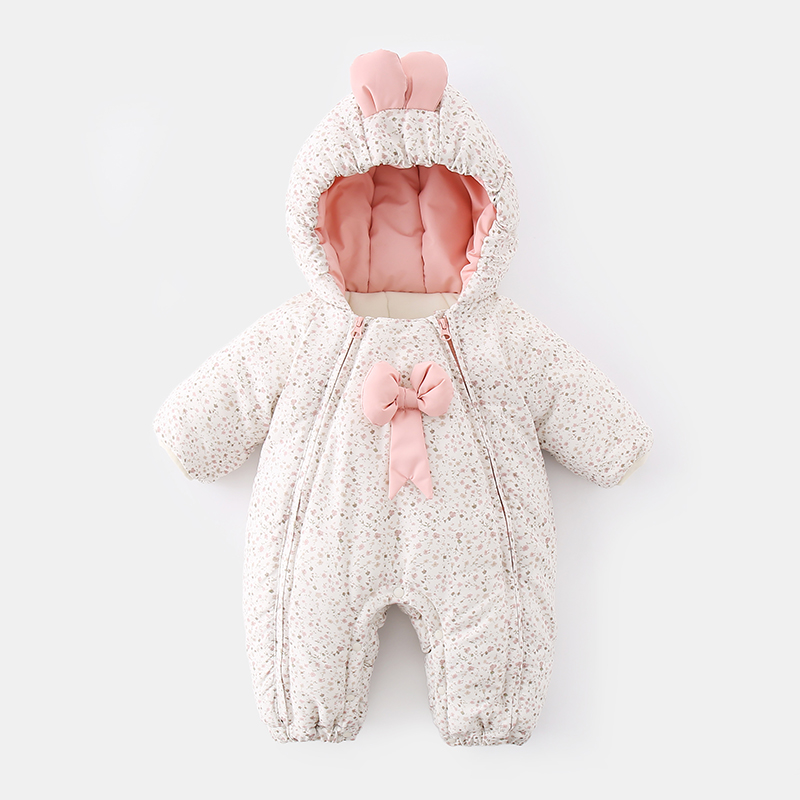 （韩系）新生儿女宝宝加绒加厚小碎花冬季外出连体衣婴儿爬服哈衣