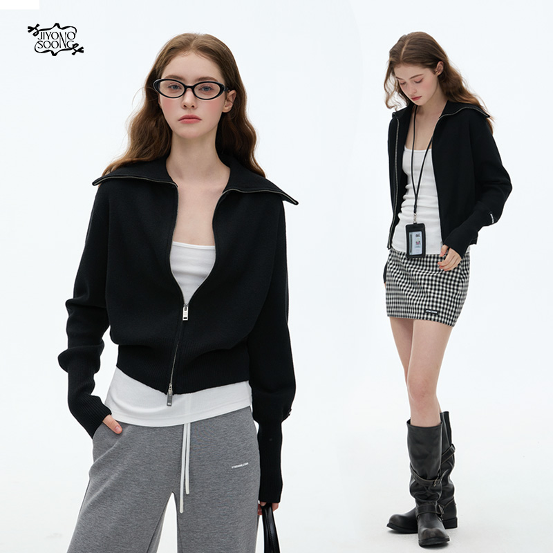 JIYOO SOONG | 慵懒翻领双向金属拉链冬季羊毛女毛衣开衫拉链外套