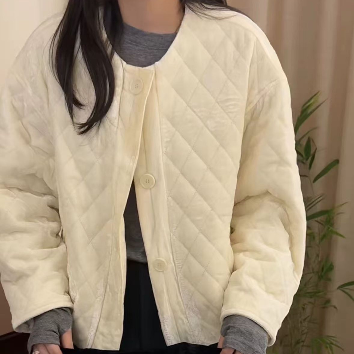 韩系2025秋新款菱格气质棉服外套女小个子宽松显瘦百搭棉衣