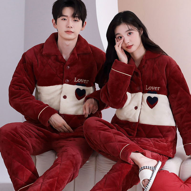 结婚情侣睡衣冬季红色珊瑚绒夹棉三层加厚保暖男女新婚家居服套装