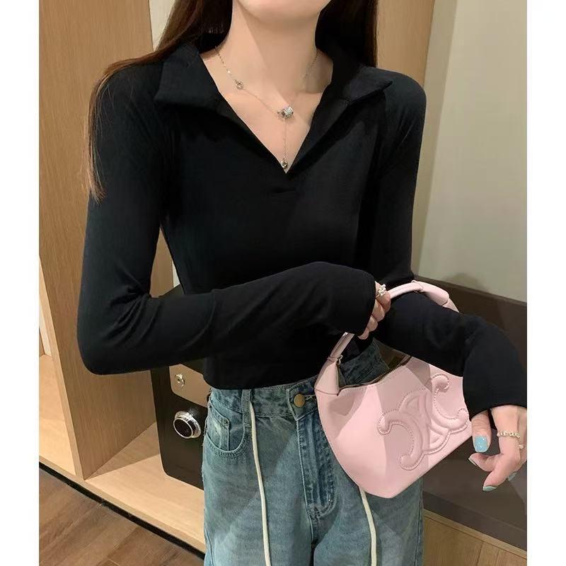 早秋新款法式Polo领甜辣高级感设计感长袖t恤打底衫修身上衣女