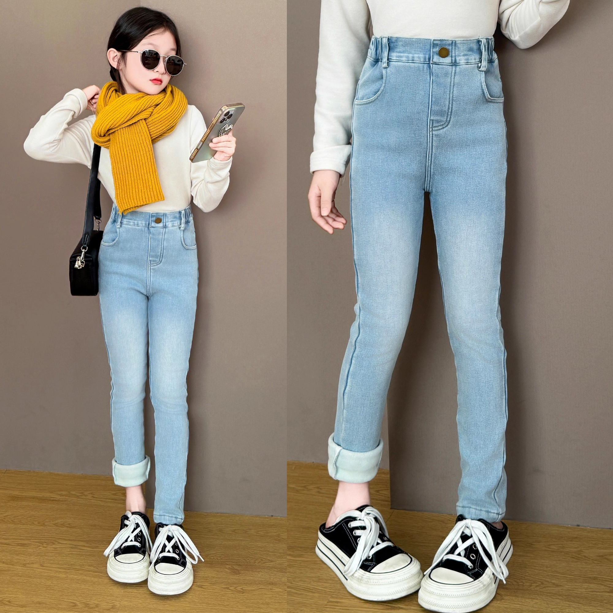 女童2025新款修身加绒牛仔小脚裤秋冬季韩版时髦休闲打底衫两件套