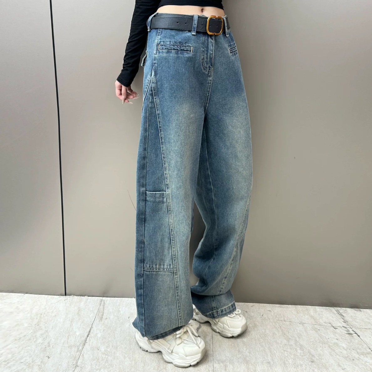 设计感大口袋弯刀牛仔裤女美式百搭时尚显瘦拖地长裤