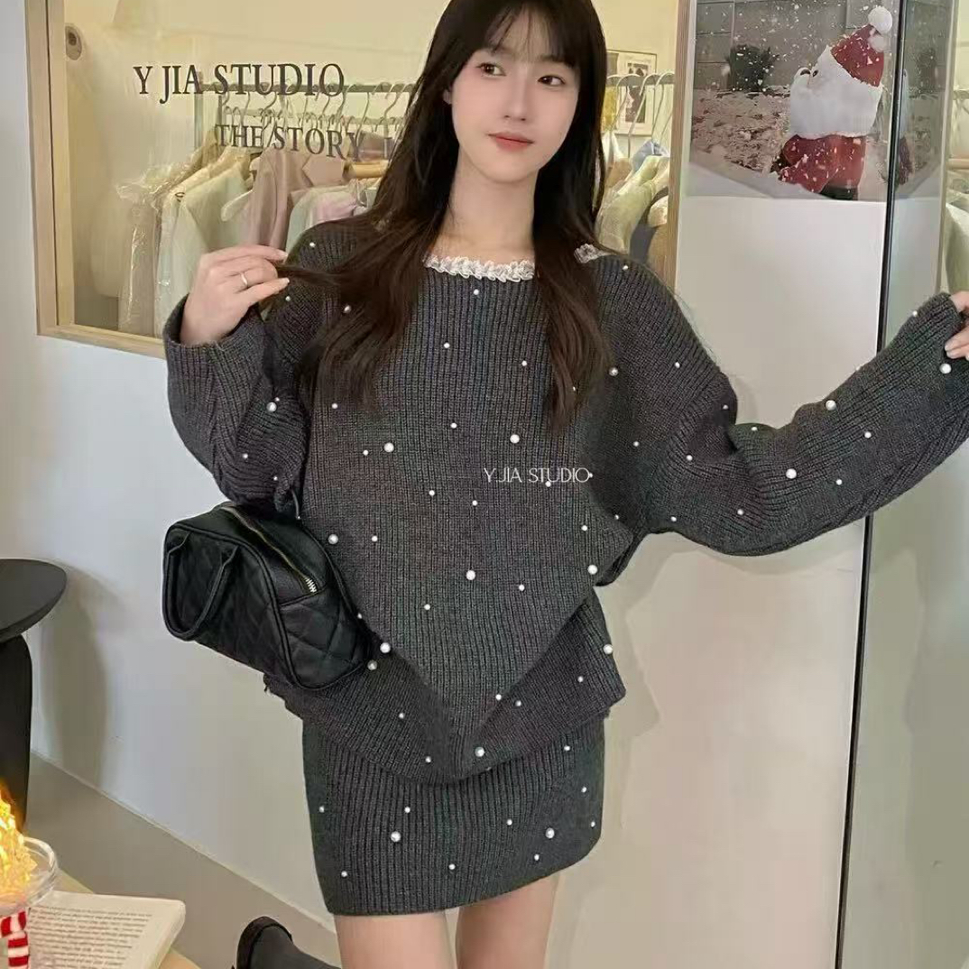 新疆包邮【c707】花边钉珠针织两件套套装-衣长65腰围66裙长44