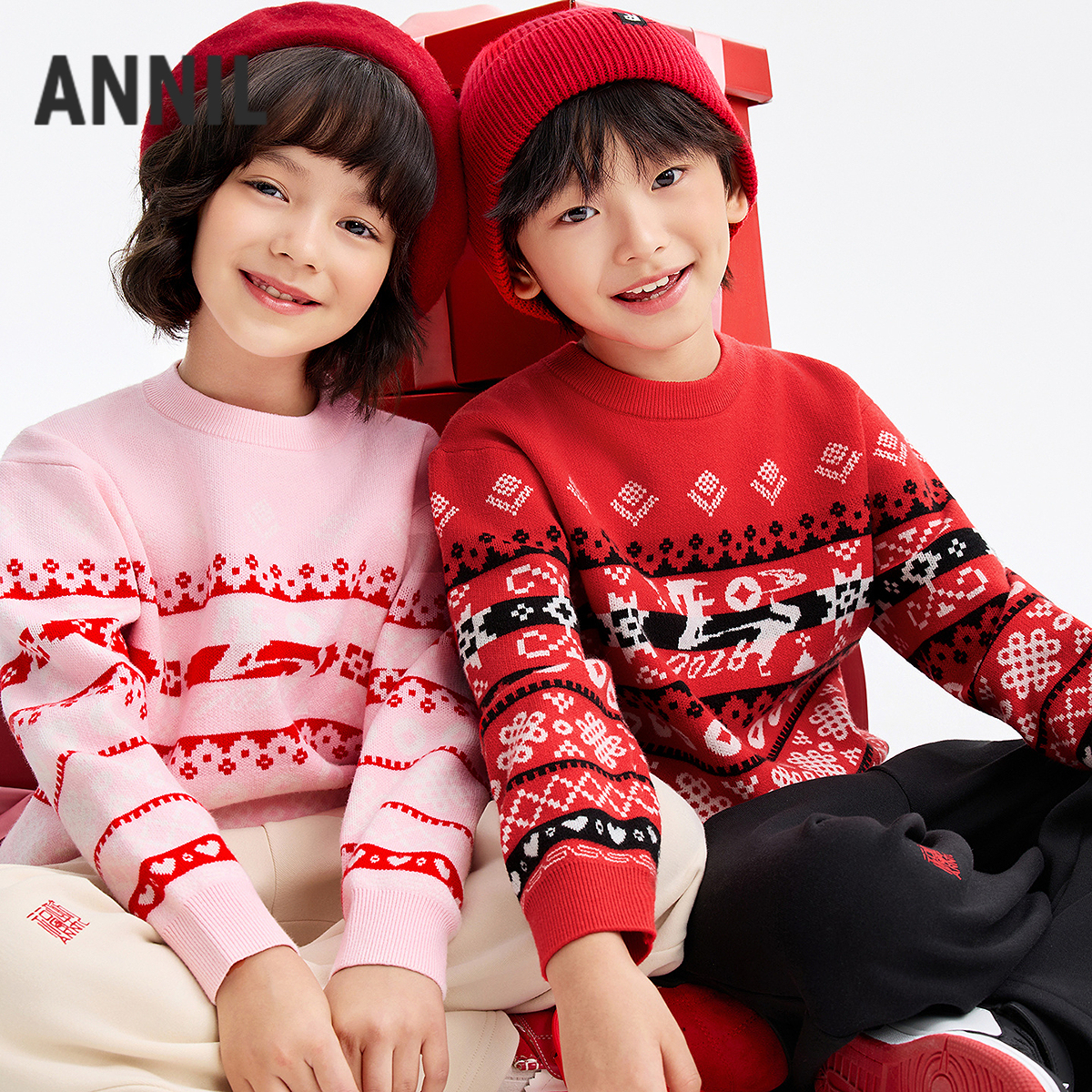【新年波】男女童圆领长袖针织衫毛衣春季新款安奈儿童装EM614513