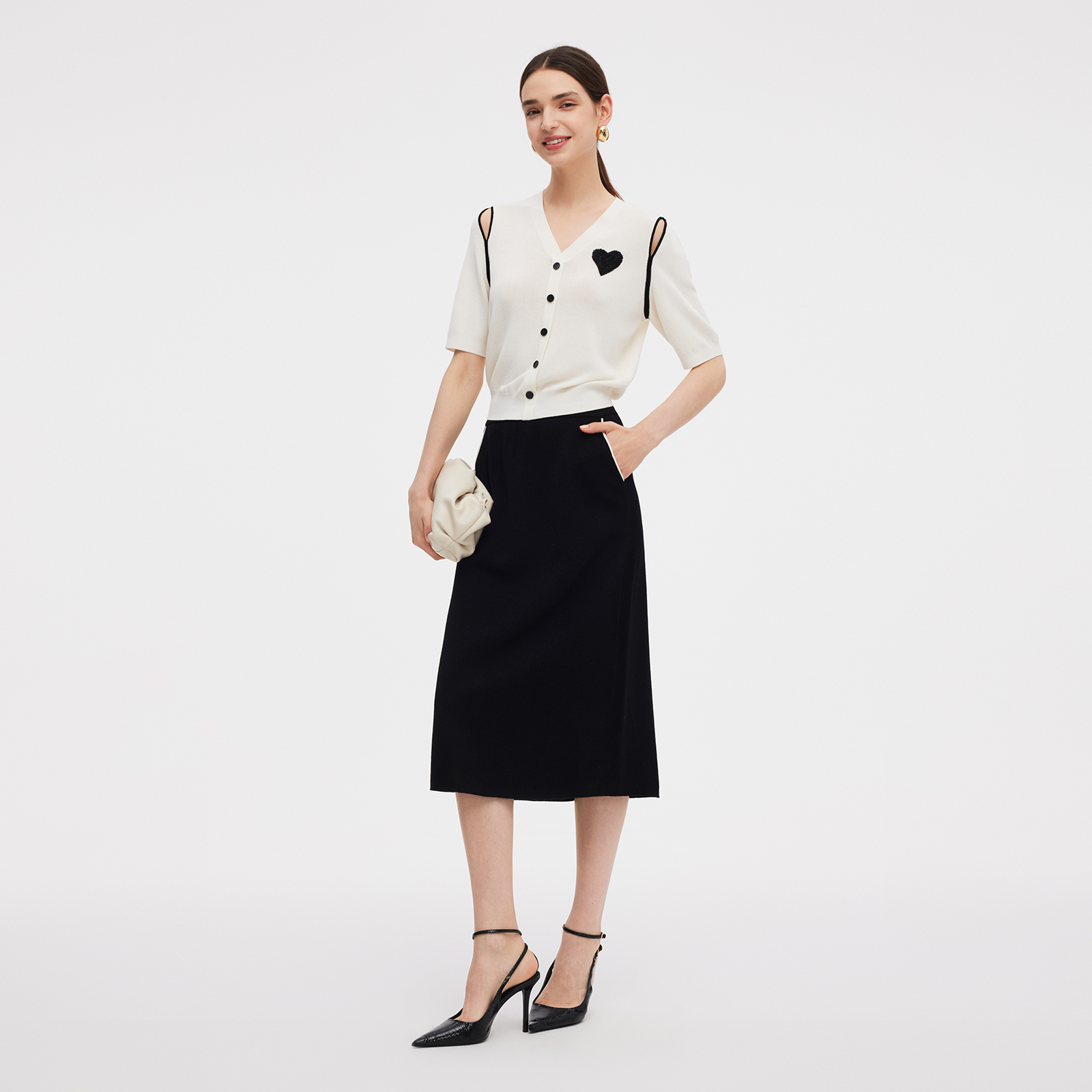 歌莉娅新品天丝毛织套装毛织上衣+毛织半裙修身黑白双色1C3JAA570