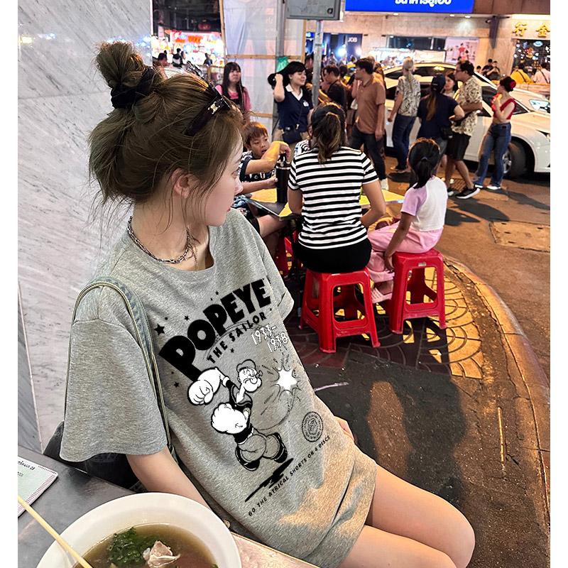 大力水手夏季印花纯棉短袖T恤上衣潮牌百搭宽松半袖中长款休闲t恤