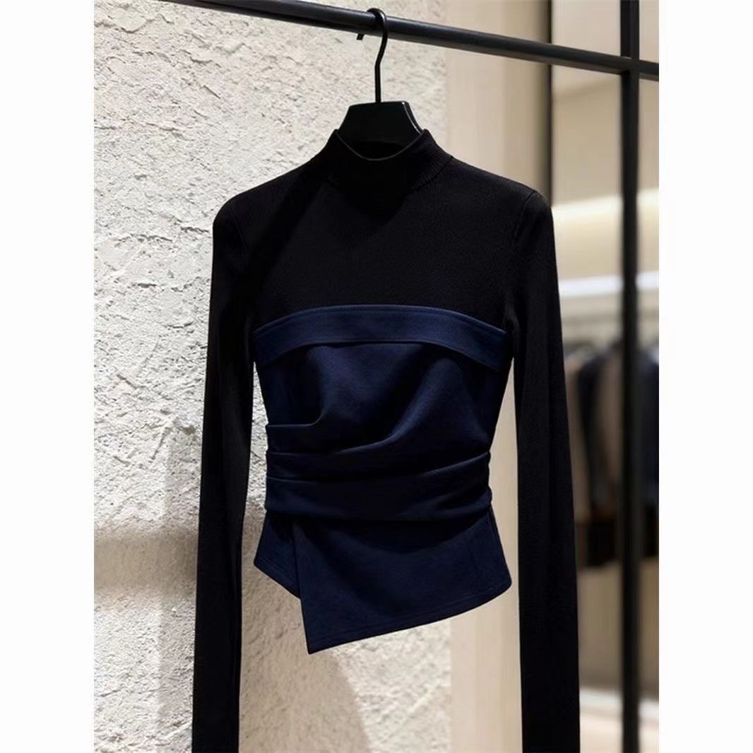 2025冬时尚洋气超好看轻奢小众不规则撞色拼接假两件长袖T恤上衣