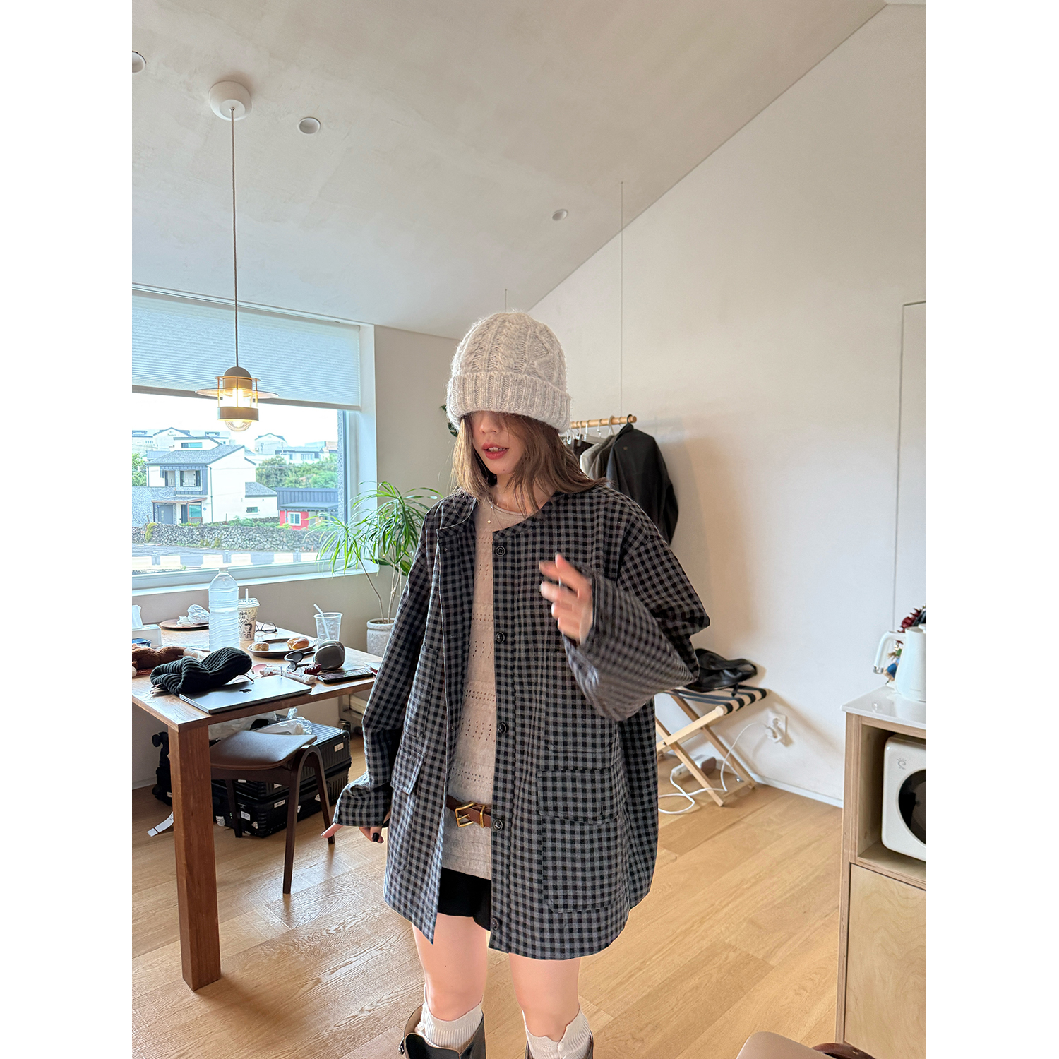 LelyMooch/黑灰格百搭格纹圆领宽松慵懒工装外套