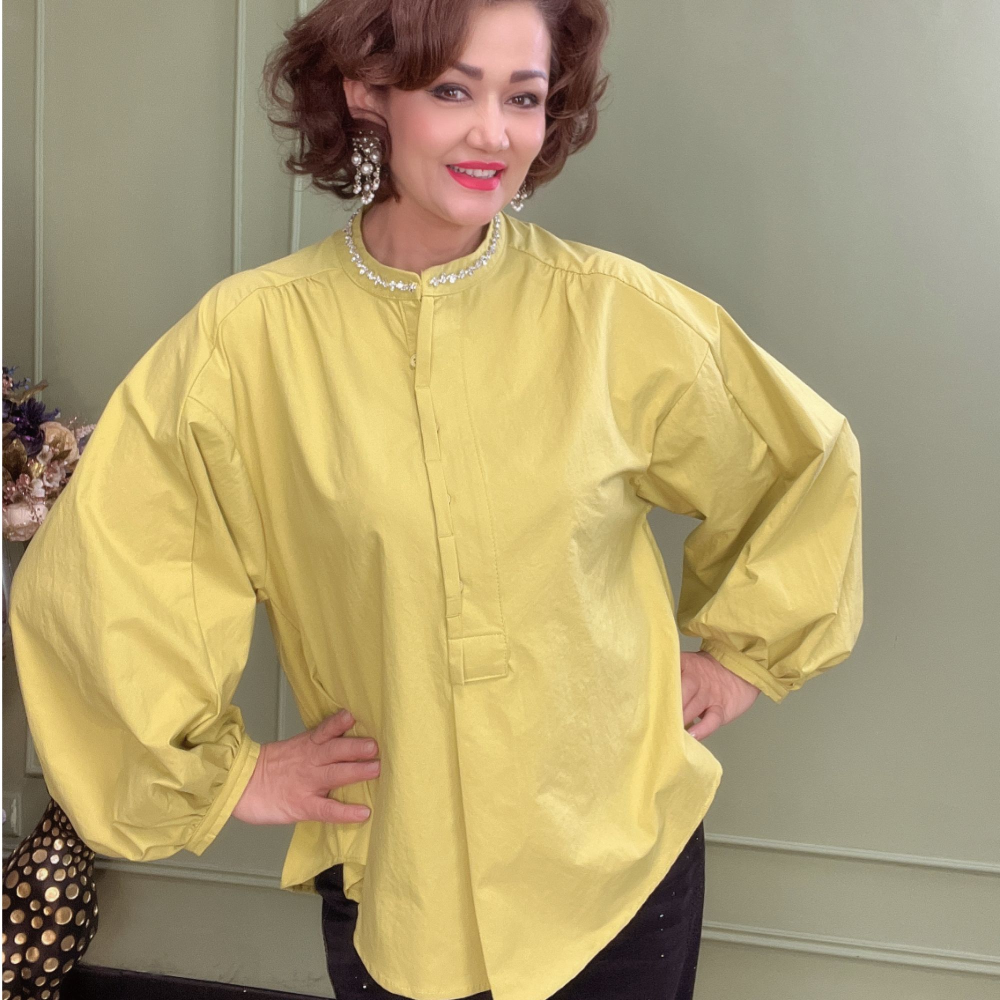 【包邮】减龄显瘦纯色荷叶袖衬衫圆领气质长袖复古#2660