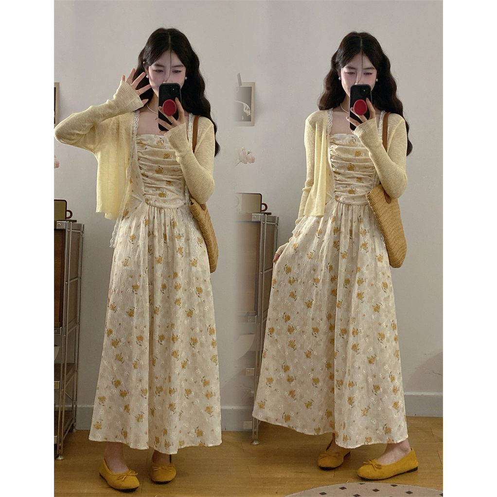大码夏季新款胖MM防晒衫度假风碎花吊带连衣裙两件套