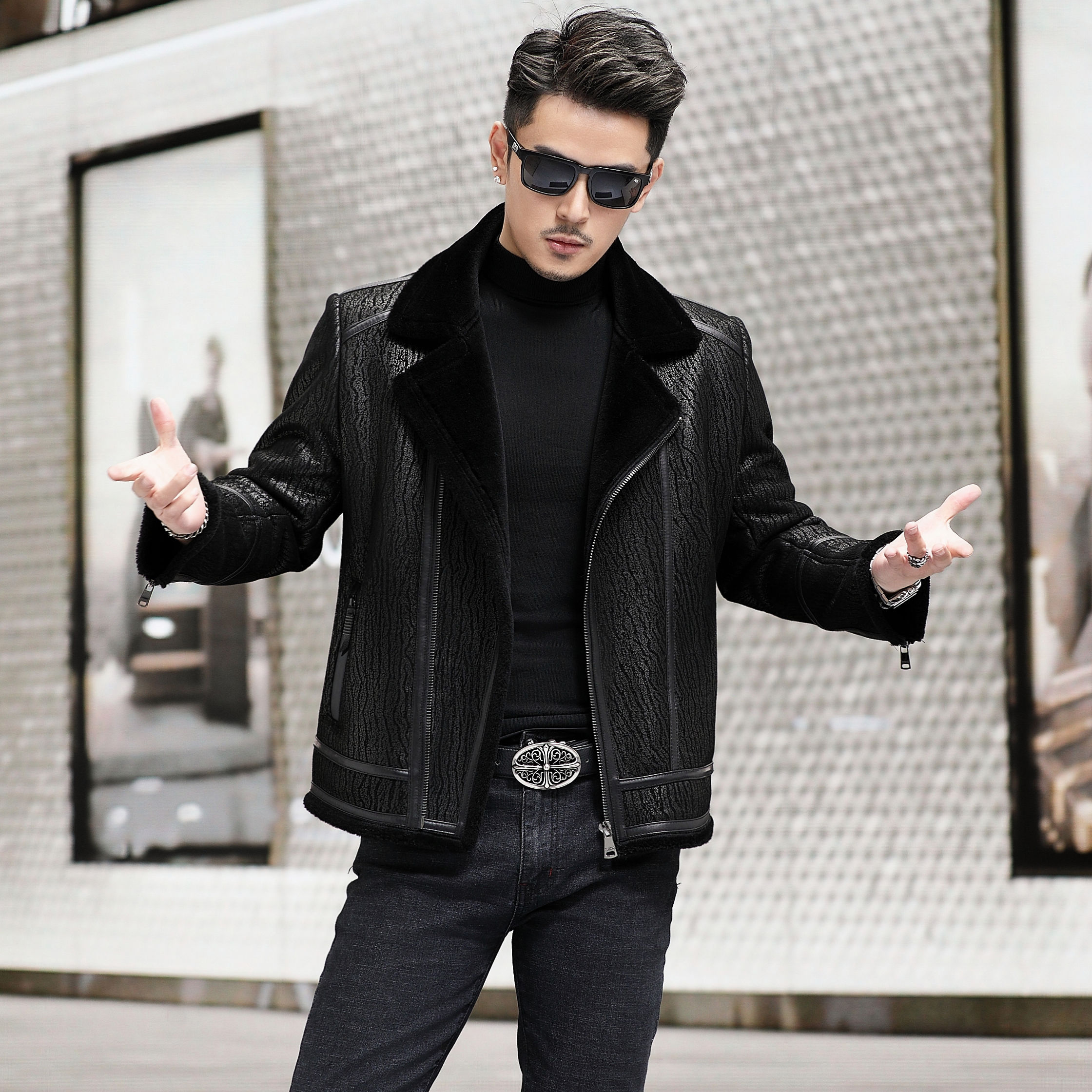 海宁皮毛一体男士外套冬季机车款羊皮羊毛短款休闲加厚款皮草翻领