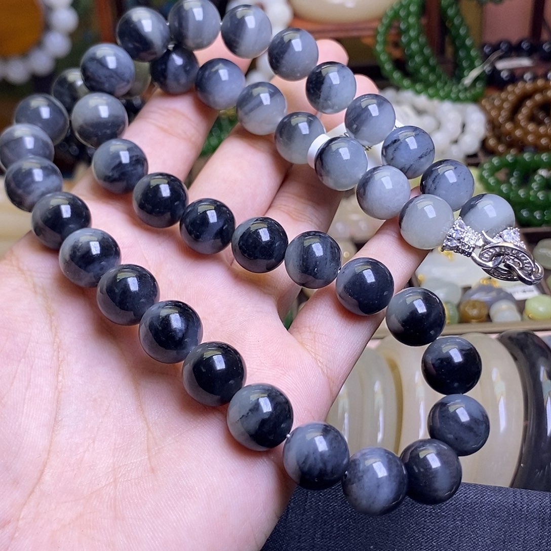 和田玉未镶嵌颈饰青花老矿料泼墨山水妈妈链12m