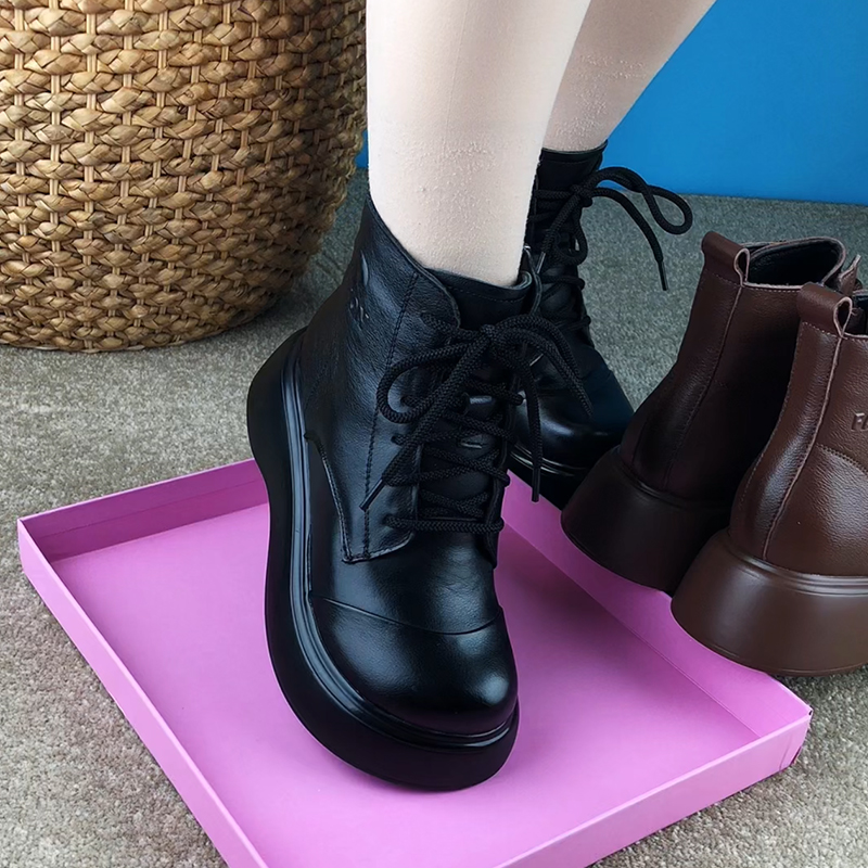 真皮马丁靴女秋冬季新款牛皮圆头厚底加绒松糕底短靴系带女靴棉靴