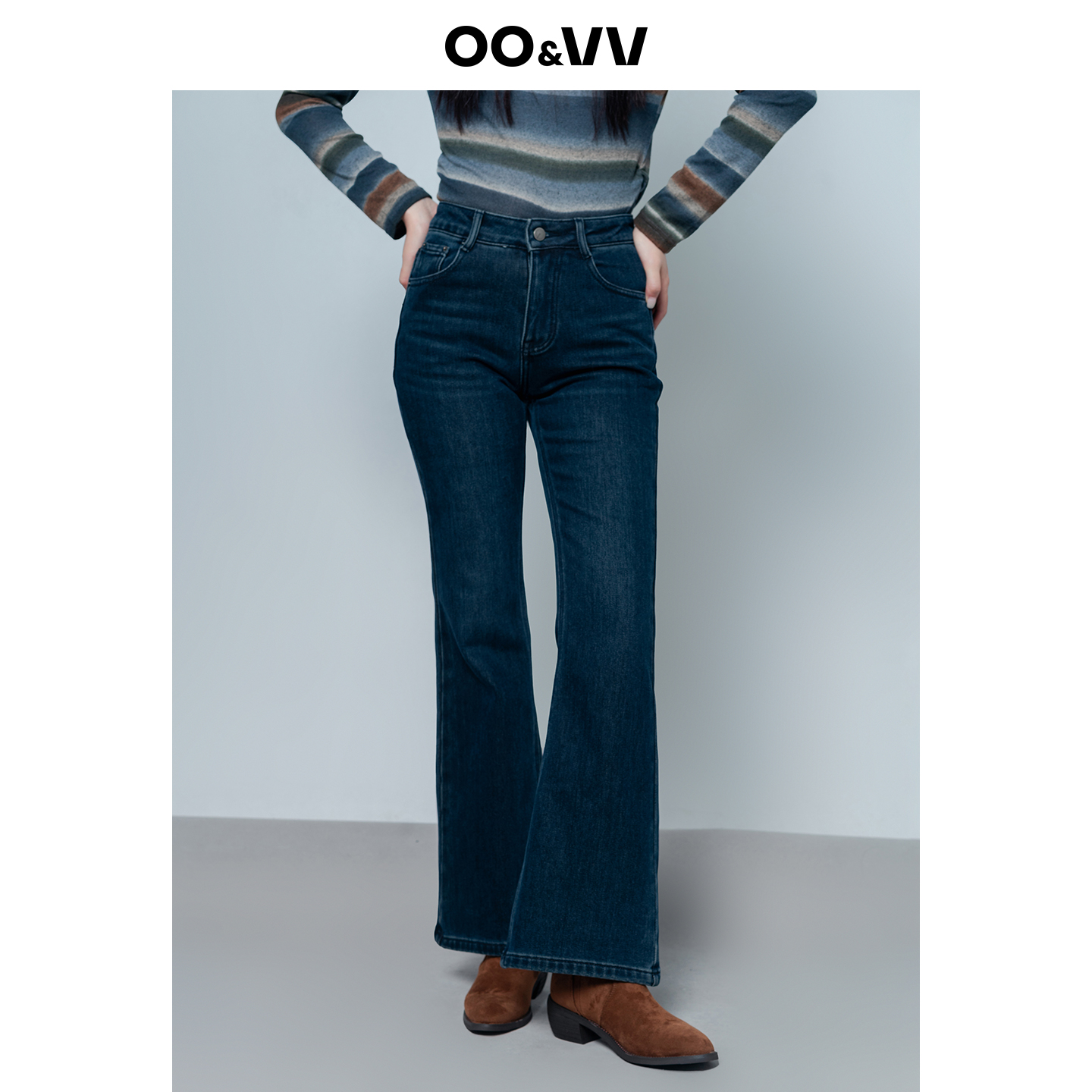 OO&VV25冬新款加绒加厚高腰显瘦微喇牛仔裤女修身百搭弹力长裤子