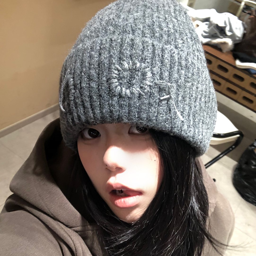 韩国设计师款手工缝线针织帽女秋冬出街保暖护耳毛线帽潮冷帽加厚